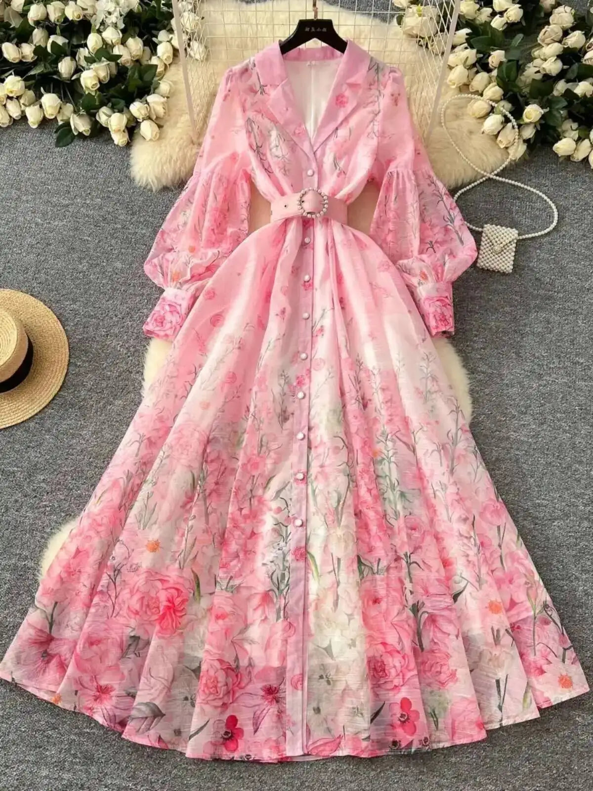 Palace Floral Maxi Dress Women Summer Holiday Long Dresses Shirt 2025 Spring Full Sleeve Single Breasted Pearls Party Vestidos