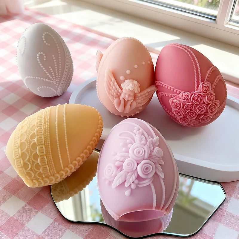 3D Easter Egg Candle Silicone Mold Angel Flower Embossment DIY Handmade Soap Chocolate Baking Mould