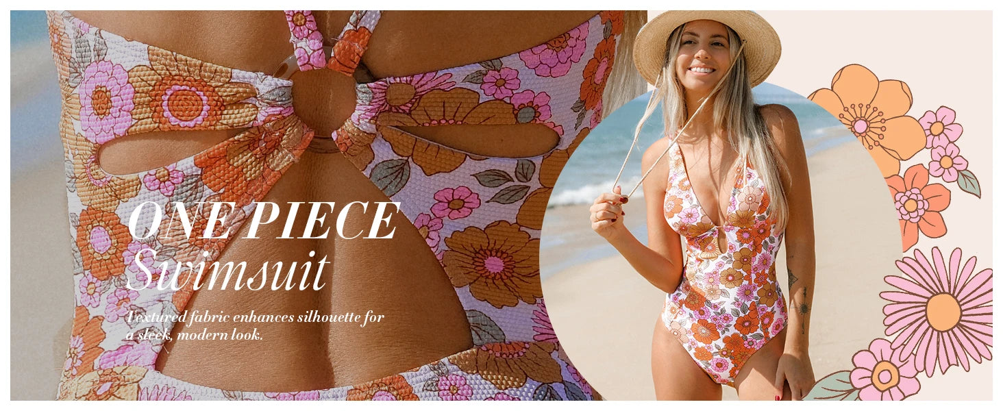 Women's One Piece Swimsuit Deep V Neck Keyhole Cutout O Ring Textured Bathing Suit