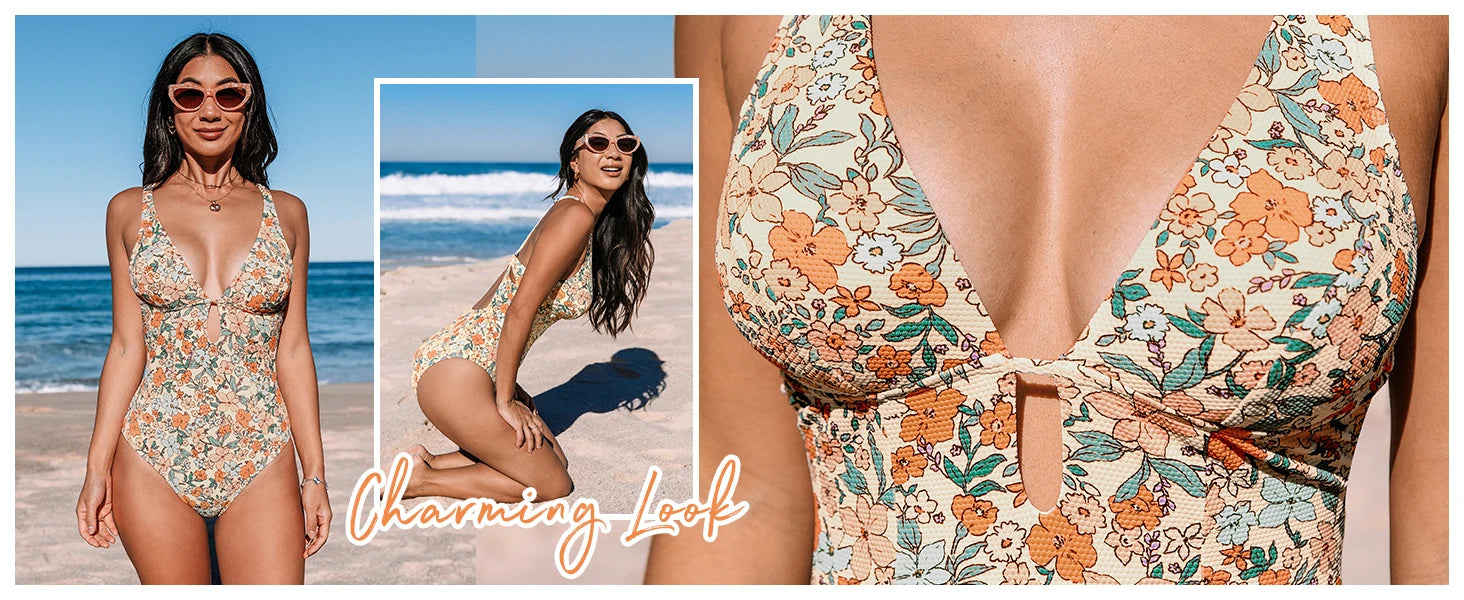 Women's One Piece Swimsuit Deep V Neck Keyhole Cutout O Ring Textured Bathing Suit