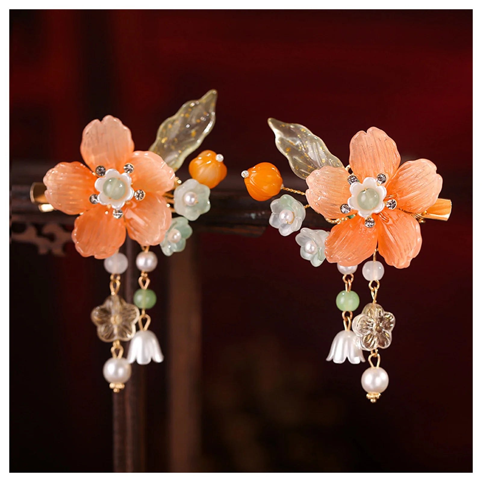 1 Pair Ancient Flowers Hair Pins Pink Resin Flower Hair Clips Crystal like Blossom Hairpins for Women Girls Hair Accessories