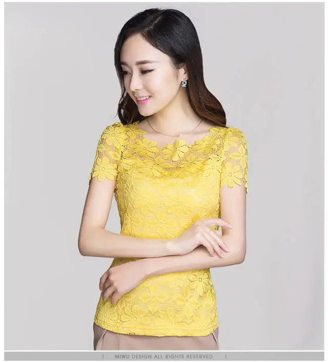 Summer Lace Women Blouse Shirt Casual Solid Hollow Clothing Top