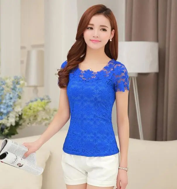 Summer Lace Women Blouse Shirt Casual Solid Hollow Clothing Top