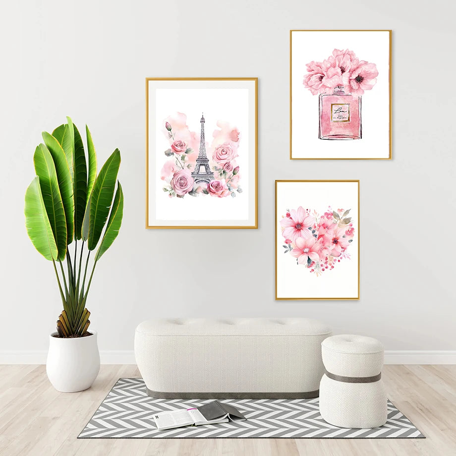 Paris Fashion Art Poster Pink Eiffel Tower Perfume Bottle Wall Art Canvas Painting Nordic Poster Home Living Room Decor