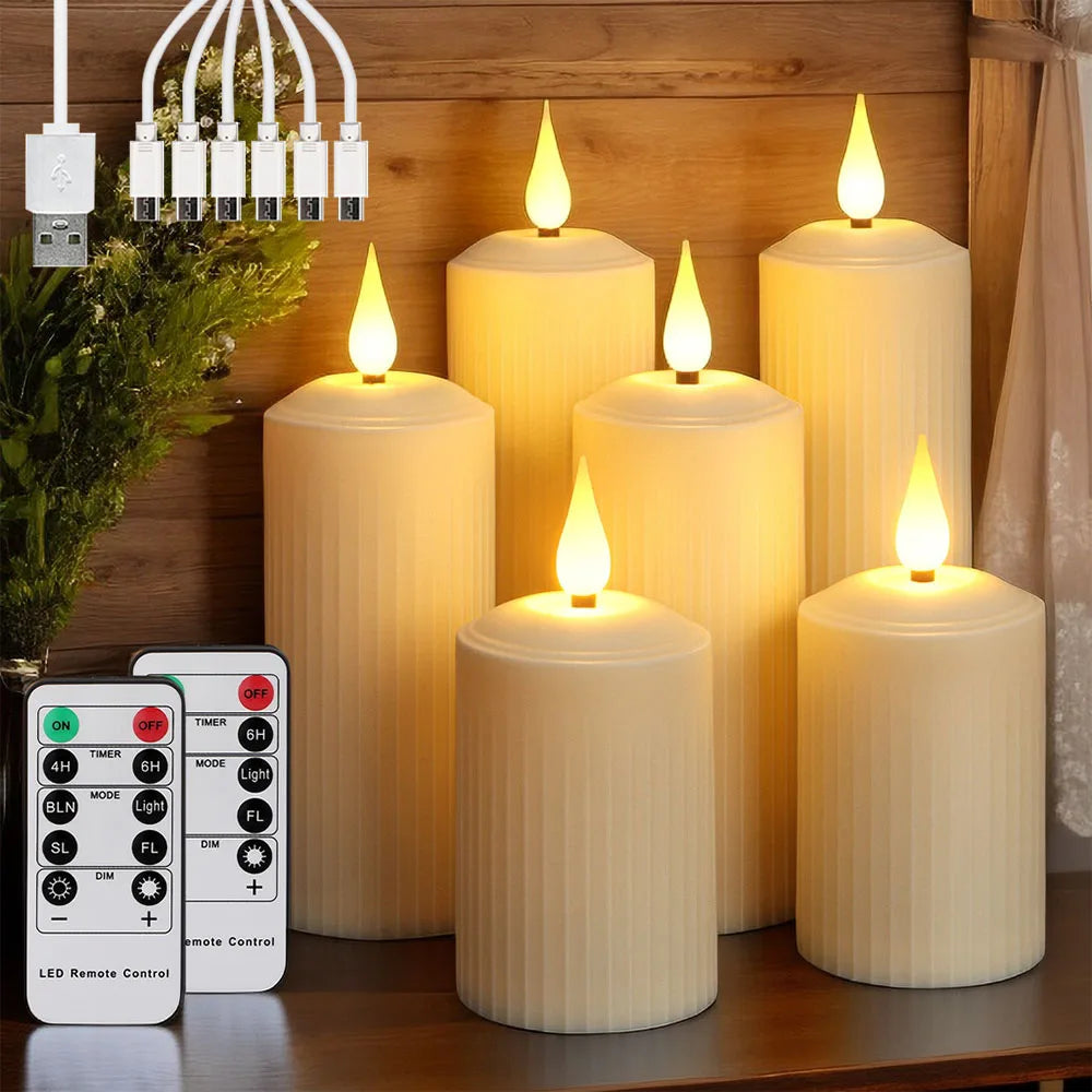 FPOO Rechargeable Led Candle By usb Remote Waterproof Pillar Candles for Wedding Camping Electric Flickering Flame Candle Light