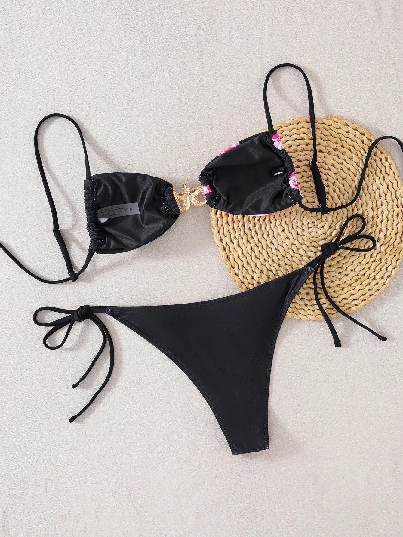 2025 Sexy Women's Bikini Set - Adjustable Tie Side Bandage Triangle Top & Low Rise Bottom with Starfish Metal Drawstring Summer