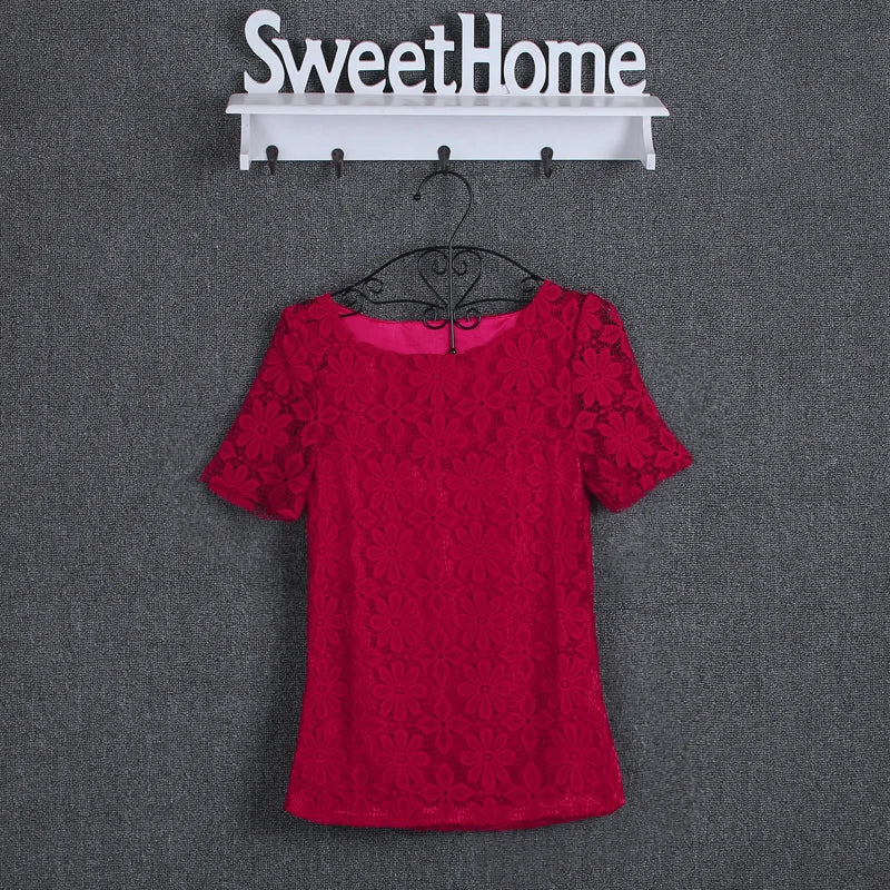 Summer Lace Women Blouse Shirt Casual Solid Hollow Clothing Top