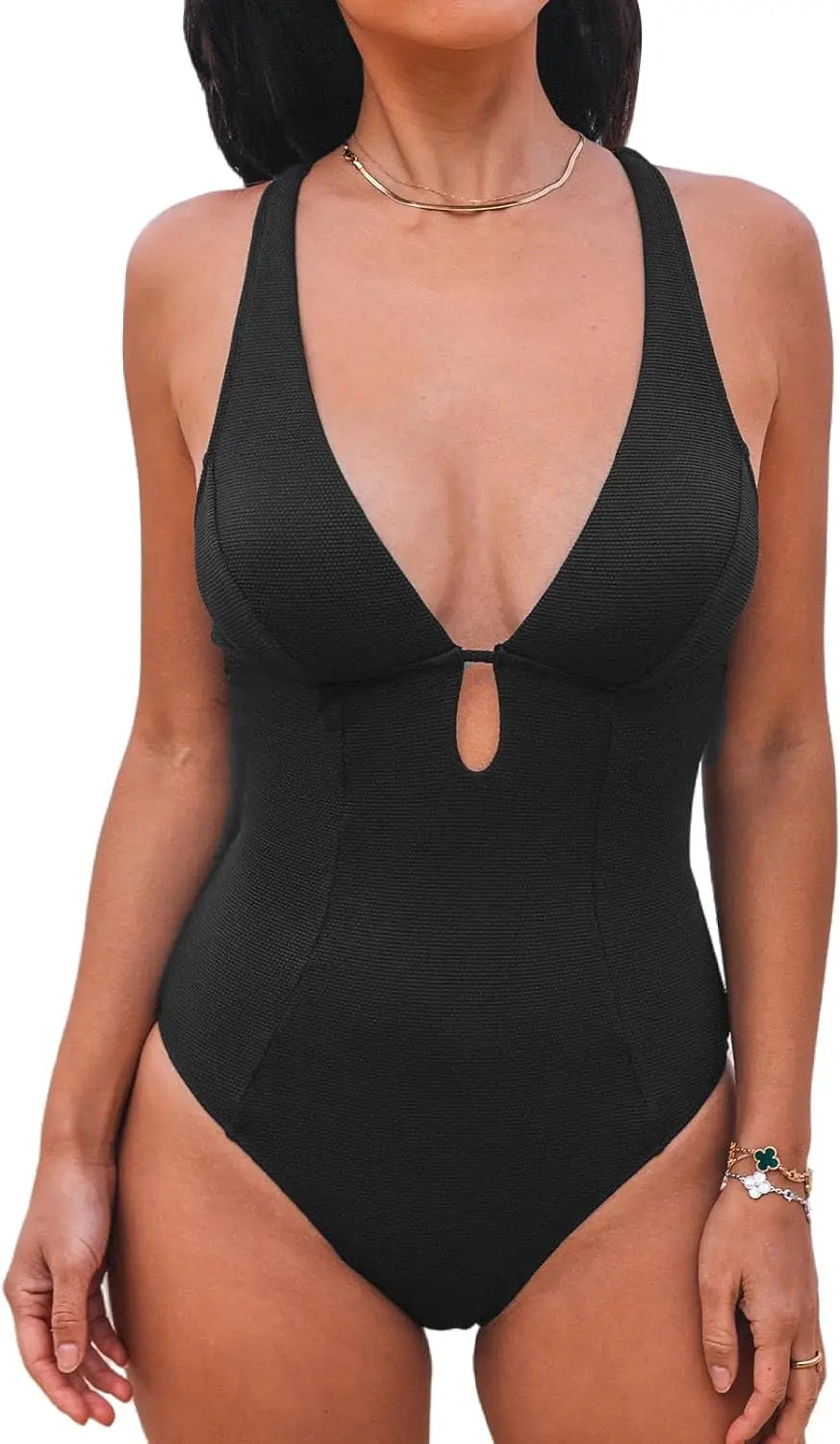 Women's One Piece Swimsuit Deep V Neck Keyhole Cutout O Ring Textured Bathing Suit