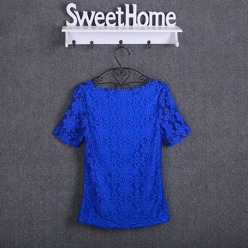 Summer Lace Women Blouse Shirt Casual Solid Hollow Clothing Top
