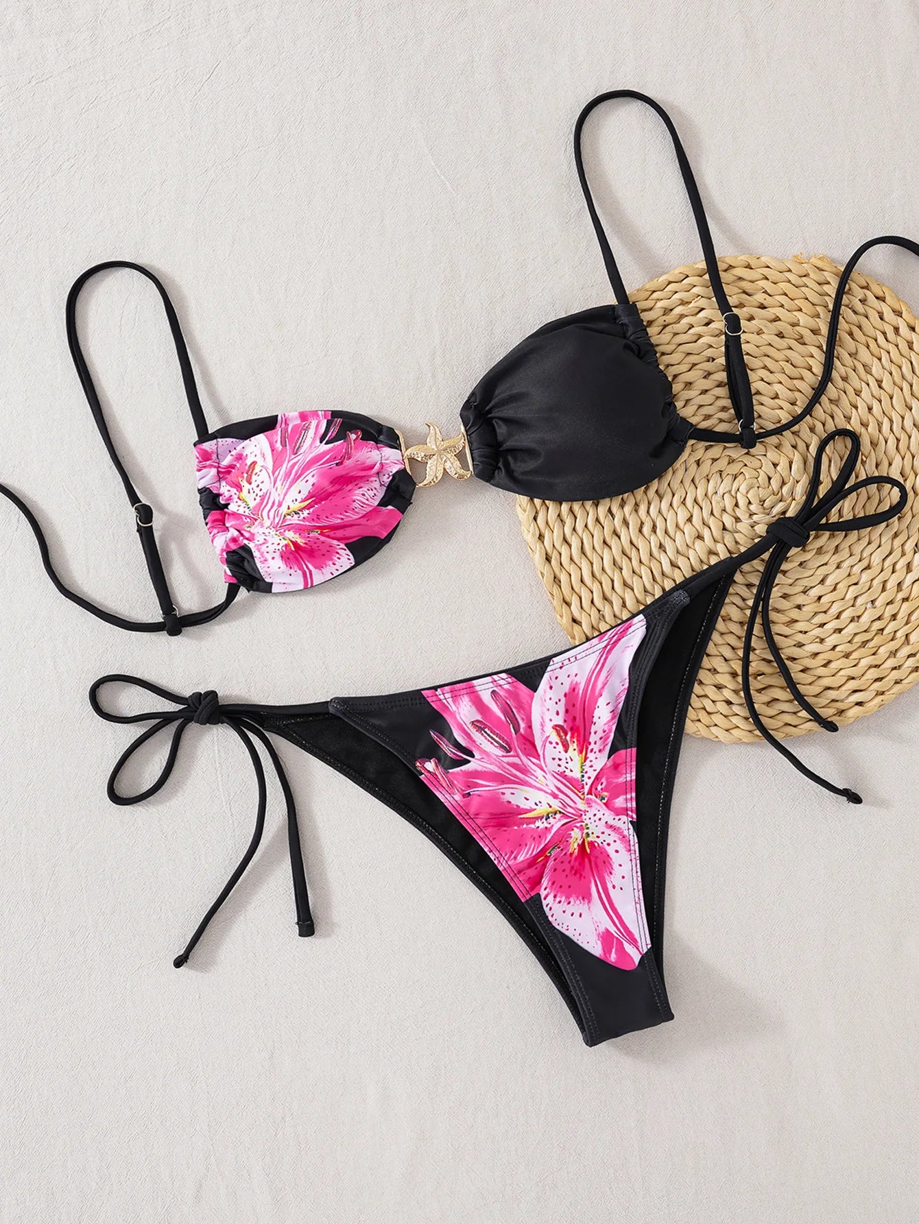 2025 Sexy Women's Bikini Set - Adjustable Tie Side Bandage Triangle Top & Low Rise Bottom with Starfish Metal Drawstring Summer