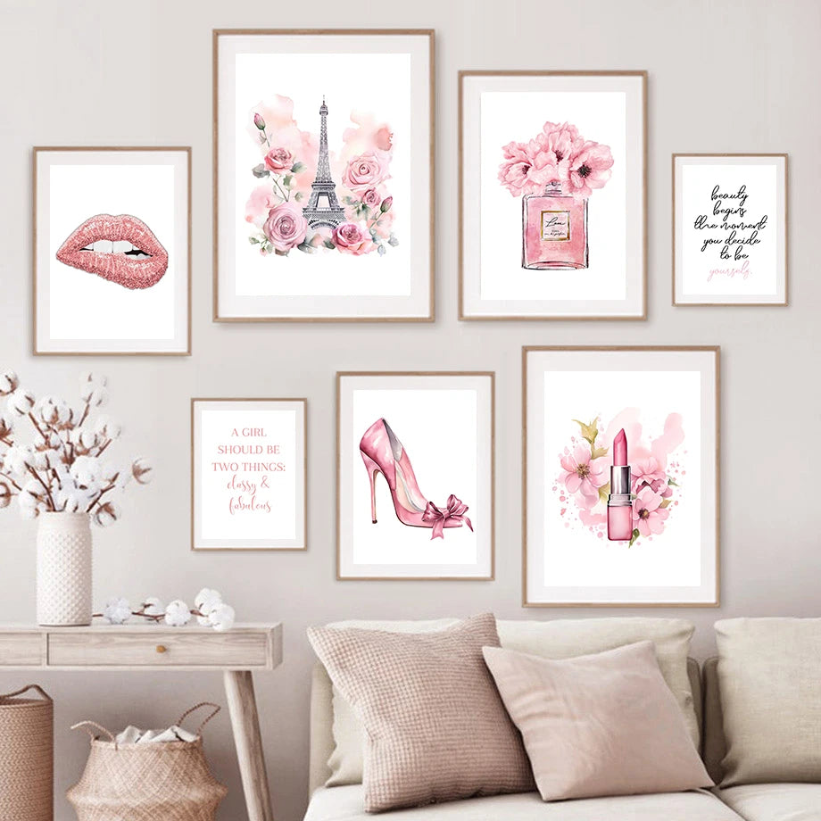 Paris Fashion Art Poster Pink Eiffel Tower Perfume Bottle Wall Art Canvas Painting Nordic Poster Home Living Room Decor