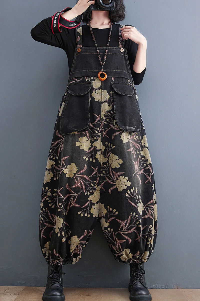 Slimming Floral Print Denim Overalls Women's Loose Fit High Waist Long Pants Autumn Season Faion plus Size Jeans Overalls