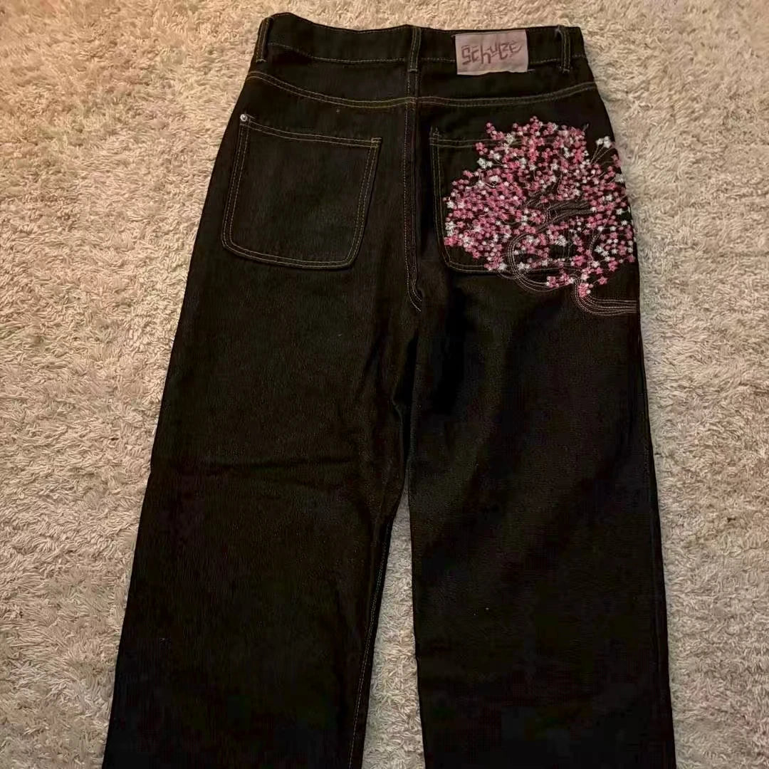 Y2K 2000s Cherry Blossom Pocket Embroidery Fashion Hip Hop Loose Men And Women Clothing Retro Casual Wide Leg Streetwear