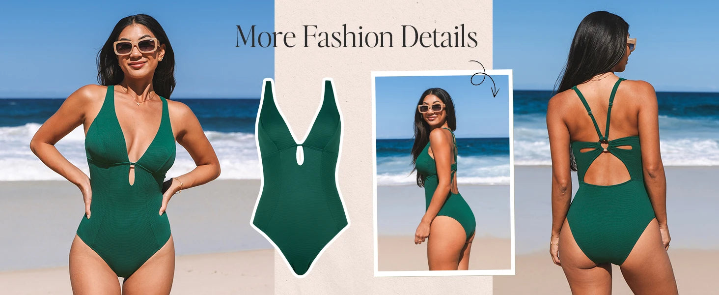 Women's One Piece Swimsuit Deep V Neck Keyhole Cutout O Ring Textured Bathing Suit