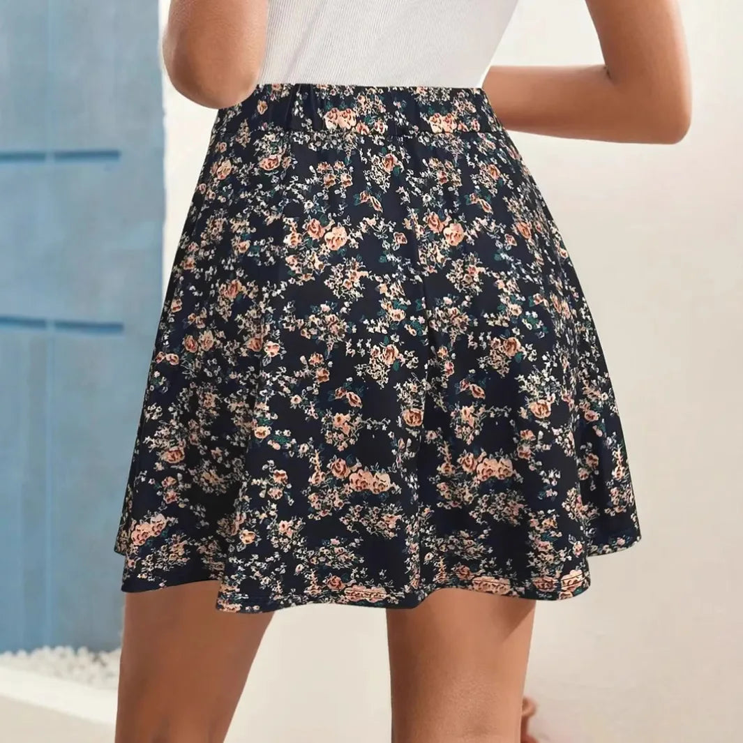 European and American cross-border floral print skirt women's summer high-waisted pleated sports skirt fake two short skirts