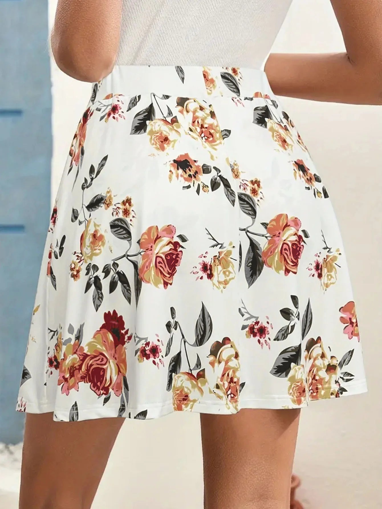 European and American cross-border floral print skirt women's summer high-waisted pleated sports skirt fake two short skirts