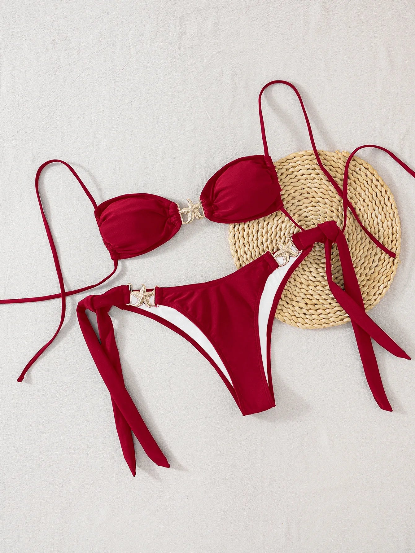 2025 Sexy Women's Bikini Set - Adjustable Tie Side Bandage Triangle Top & Low Rise Bottom with Starfish Metal Drawstring Summer