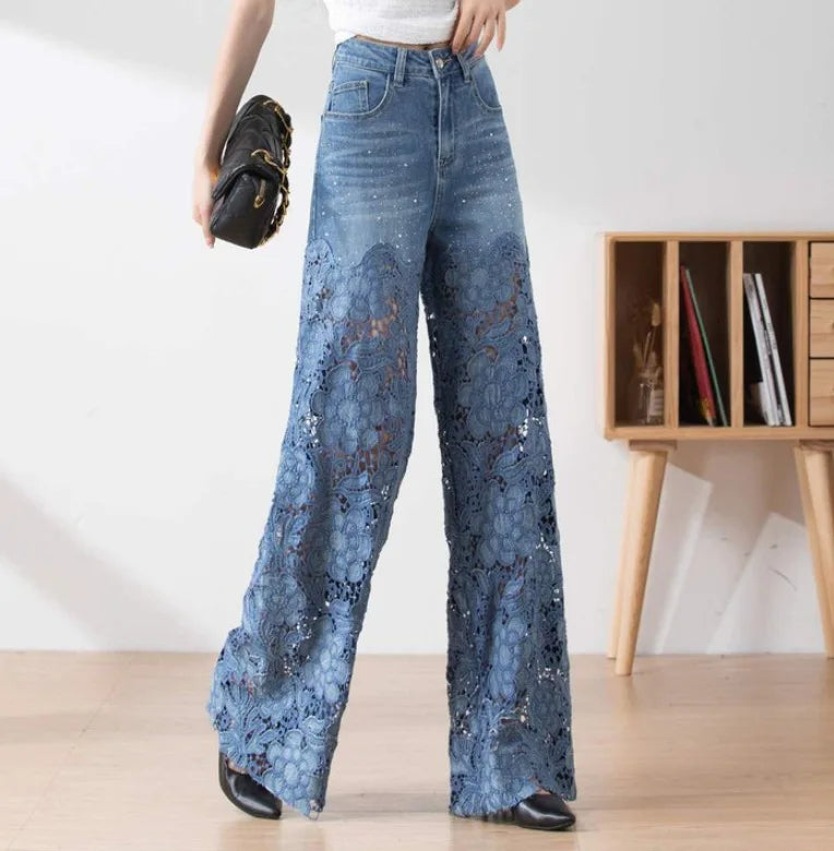Lace Patchwork Hollow Niche Jeans Women's Summer New Fashion Straight Barrel Slim-fit Retro Casual Loose Denim Long Pants Y2k