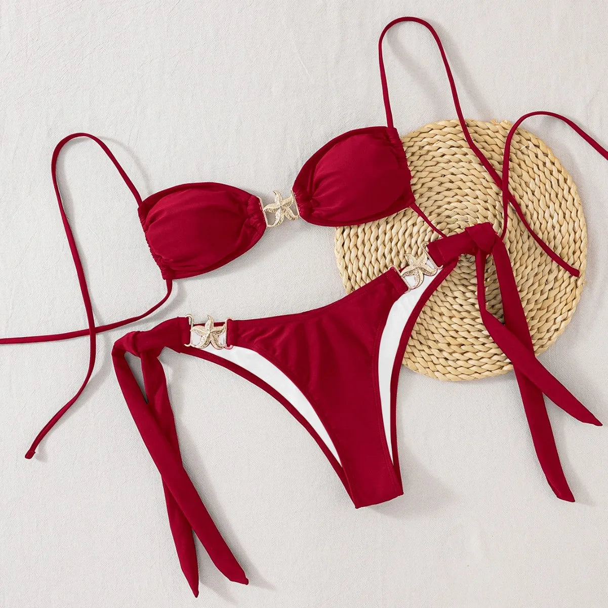 2025 Sexy Women's Bikini Set - Adjustable Tie Side Bandage Triangle Top & Low Rise Bottom with Starfish Metal Drawstring Summer