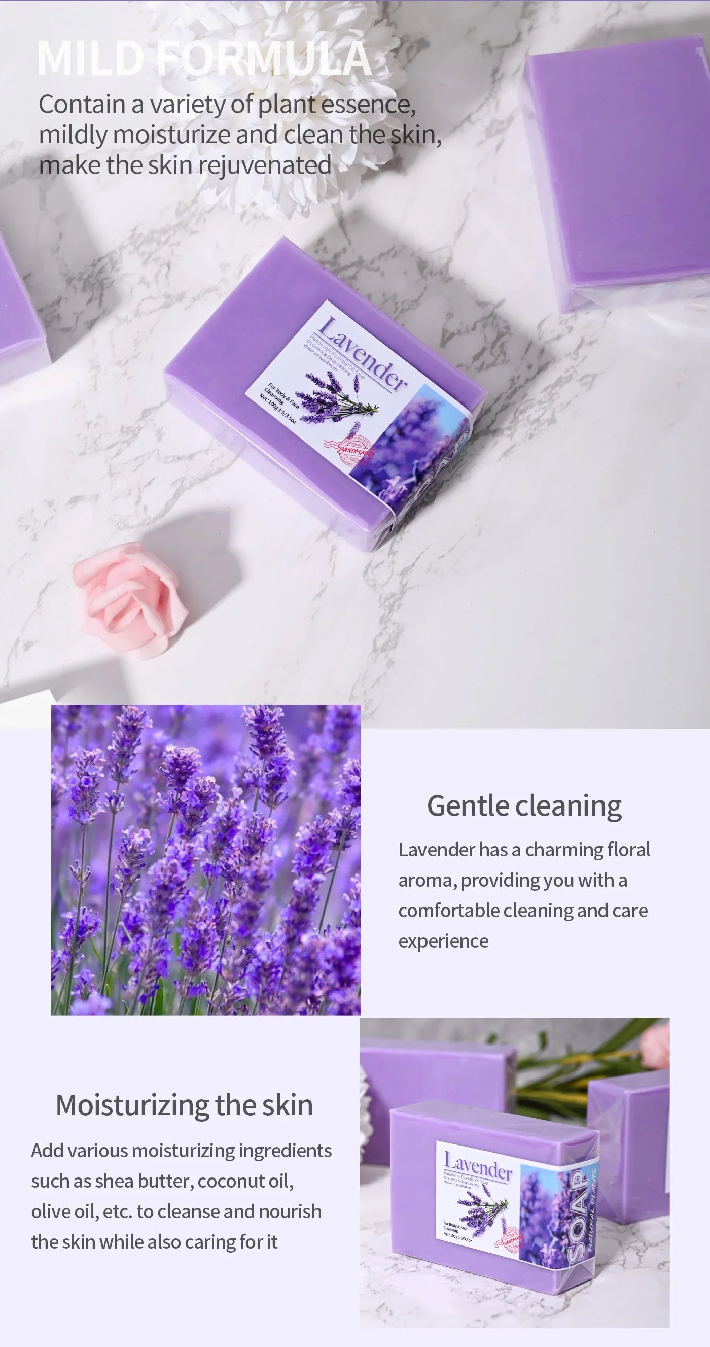 Natural Organic Lavender Essential Oil Soap Handmade Soap for Cleansing, Refreshing, Oil Control, Bath Soap