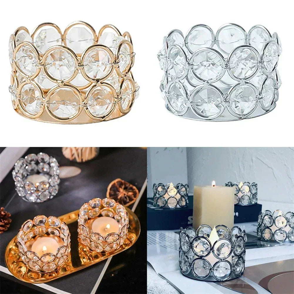 Crystal Tealight Candle Lantern Holders Crystal Candlestick Desktop Candlelight Dinner Prop Metal Ornament Candle Holder