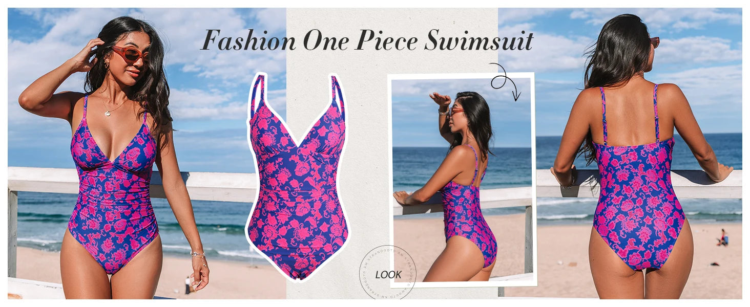 Women's One Piece Swimsuit Deep V Neck Keyhole Cutout O Ring Textured Bathing Suit