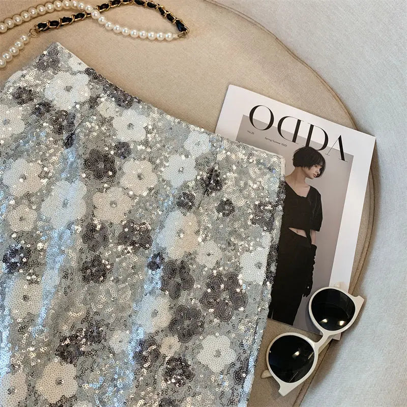 Skirt Western-style high-end waist slim anti-exposure summer and autumn heavy industry silver sequined flower temperament skirt