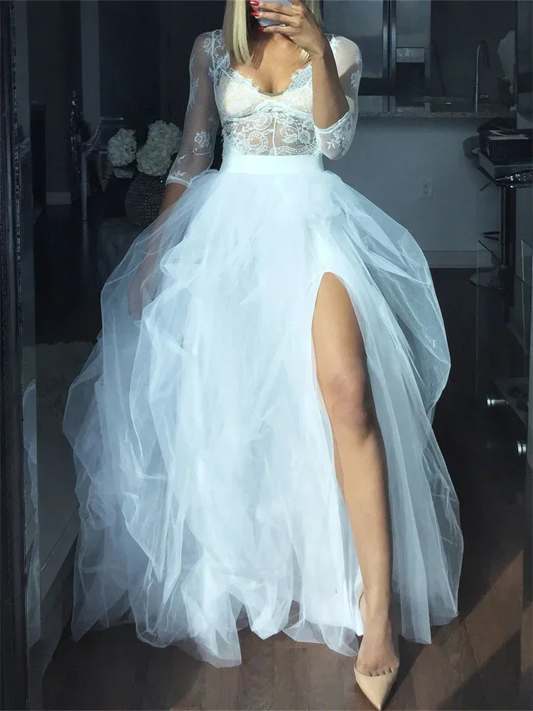 Women Layered Tulle Tutu Skirts for Evening Party Wedding High Waist Long Split Skirts Ladies Princess Bridal Prom Skirts Female