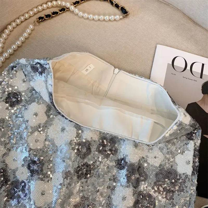 Skirt Western-style high-end waist slim anti-exposure summer and autumn heavy industry silver sequined flower temperament skirt