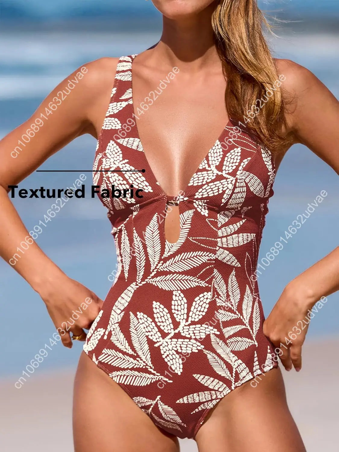 Women's One Piece Swimsuit Deep V Neck Keyhole Cutout O Ring Textured Bathing Suit