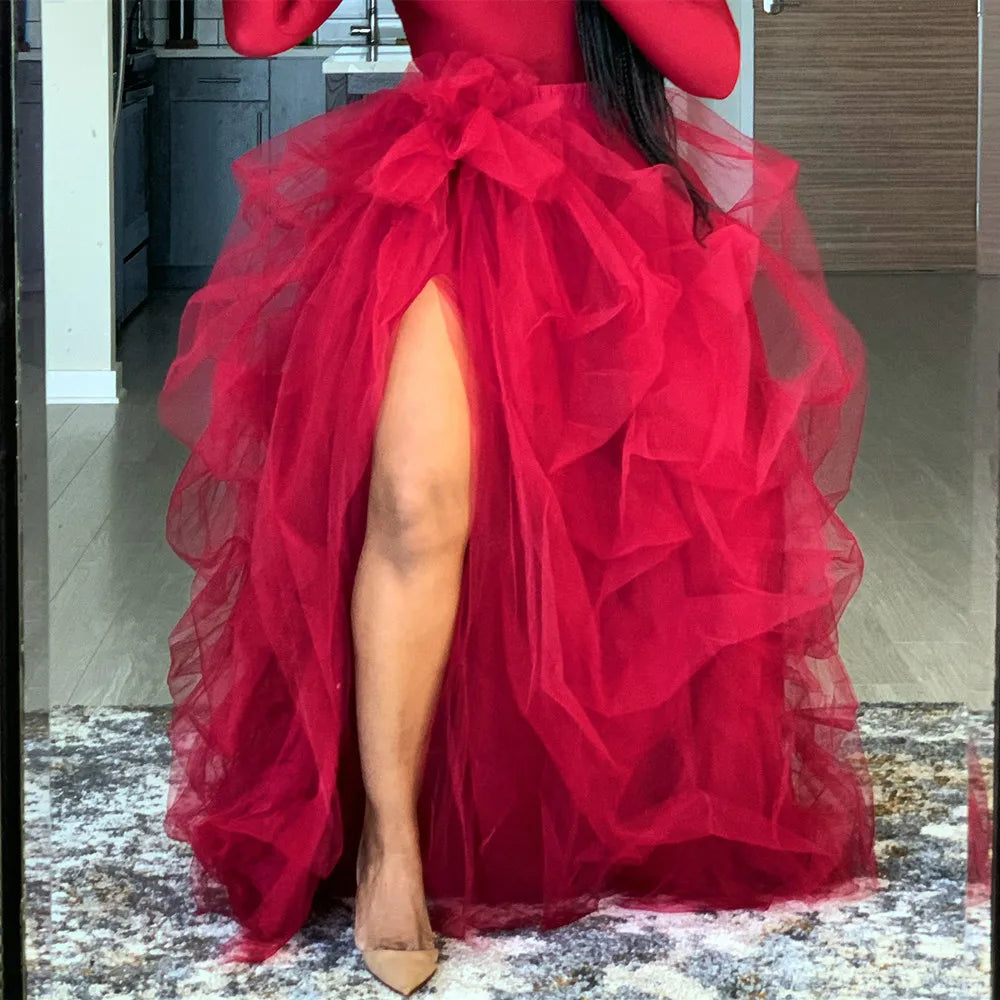 Women Layered Tulle Tutu Skirts for Evening Party Wedding High Waist Long Split Skirts Ladies Princess Bridal Prom Skirts Female