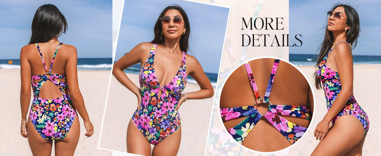 Women's One Piece Swimsuit Deep V Neck Keyhole Cutout O Ring Textured Bathing Suit