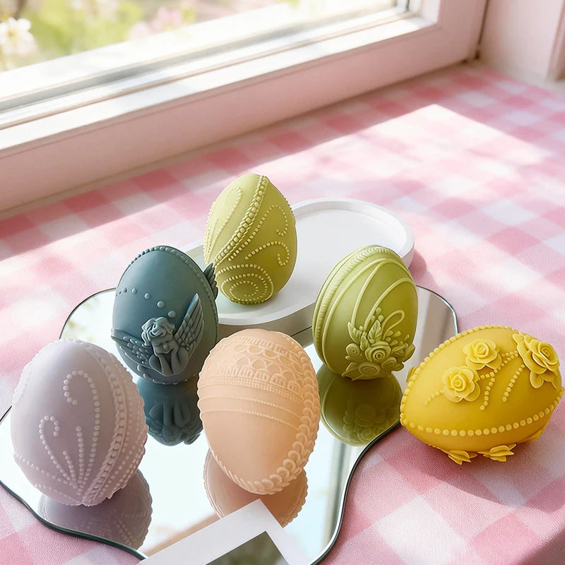 3D Easter Egg Candle Silicone Mold Angel Flower Embossment DIY Handmade Soap Chocolate Baking Mould