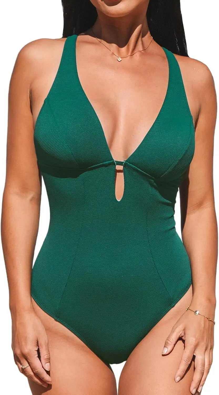 Women's One Piece Swimsuit Deep V Neck Keyhole Cutout O Ring Textured Bathing Suit