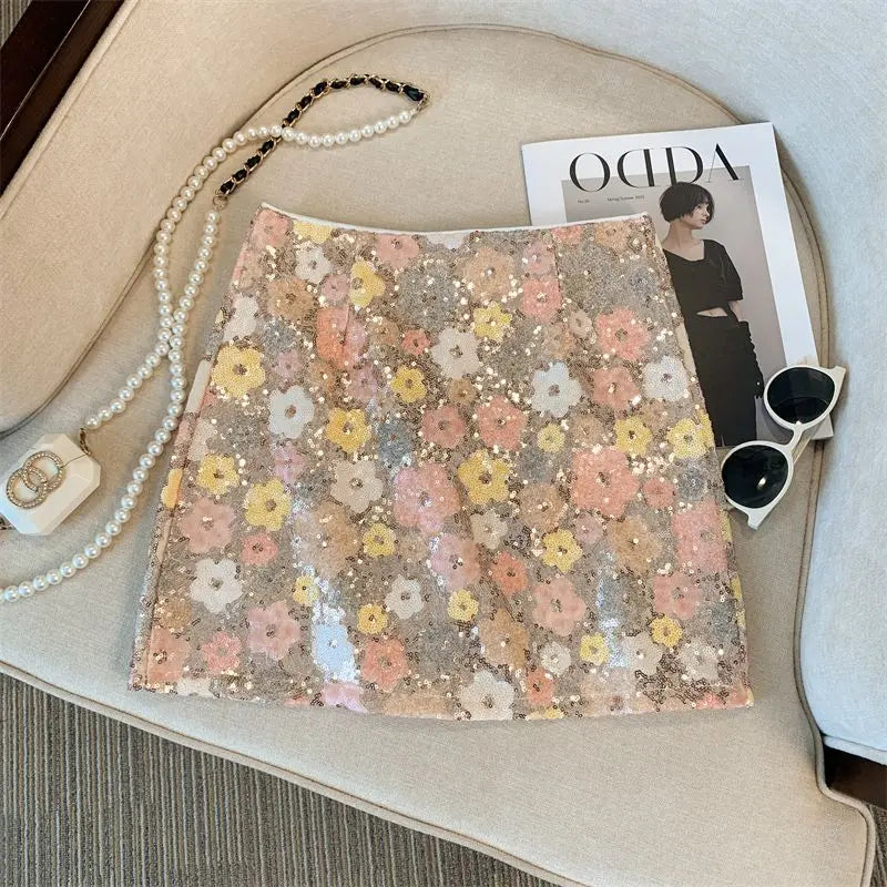 Skirt Western-style high-end waist slim anti-exposure summer and autumn heavy industry silver sequined flower temperament skirt