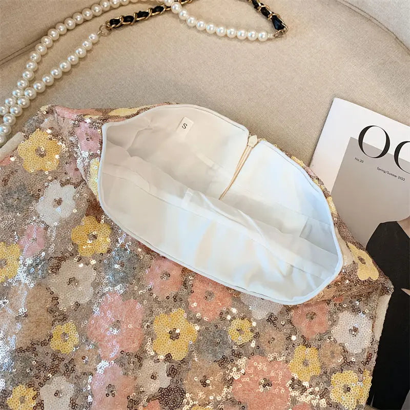 Skirt Western-style high-end waist slim anti-exposure summer and autumn heavy industry silver sequined flower temperament skirt