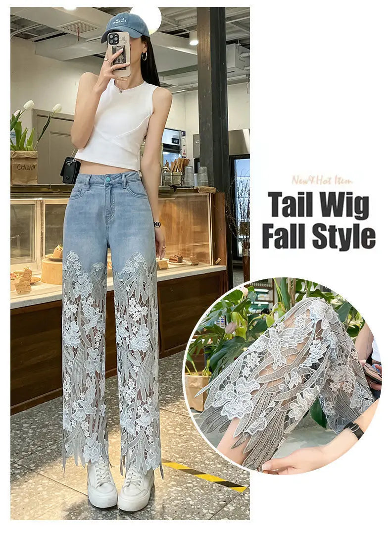 Lace Patchwork Hollow Niche Jeans Women's Summer New Fashion Straight Barrel Slim-fit Retro Casual Loose Denim Long Pants Y2k