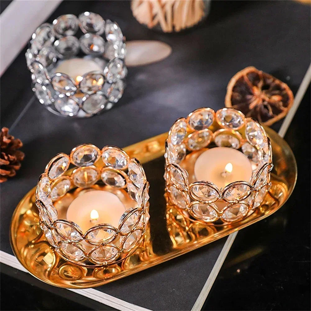 Crystal Tealight Candle Lantern Holders Crystal Candlestick Desktop Candlelight Dinner Prop Metal Ornament Candle Holder