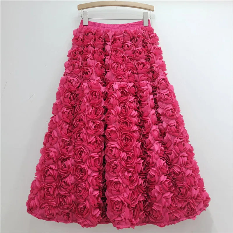 Skirt for Women 2025 Summer Versatile Three Dimensional Flower Mid-calf Skirt High Waist Big Swing Fashion A-line Long Skirts