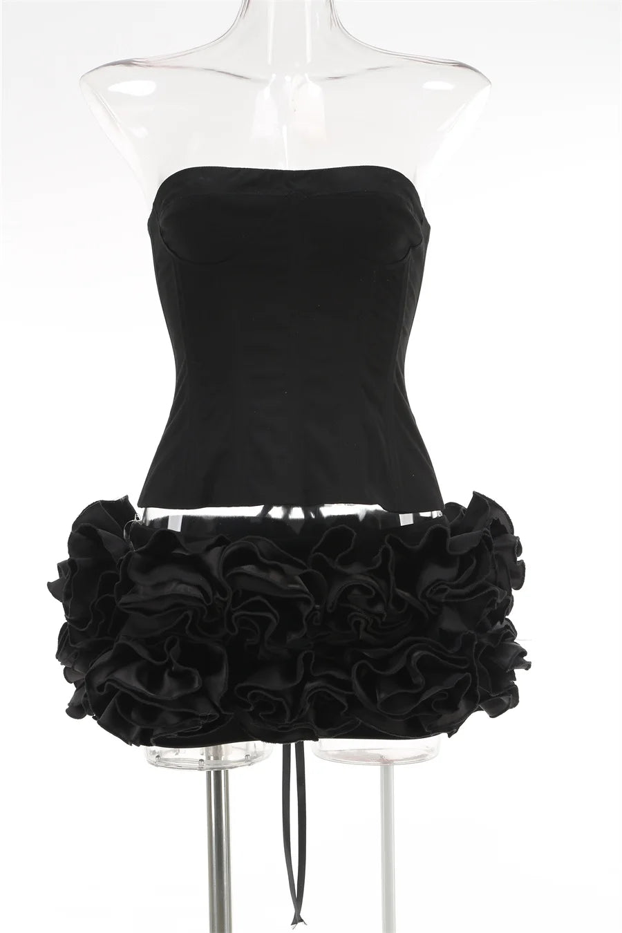 VC Christmas Dress Strapless Red Structured Top With Floral Embellished Mini Skirt Bodycon Celebrity Party Cocktail 2 Pieces Set