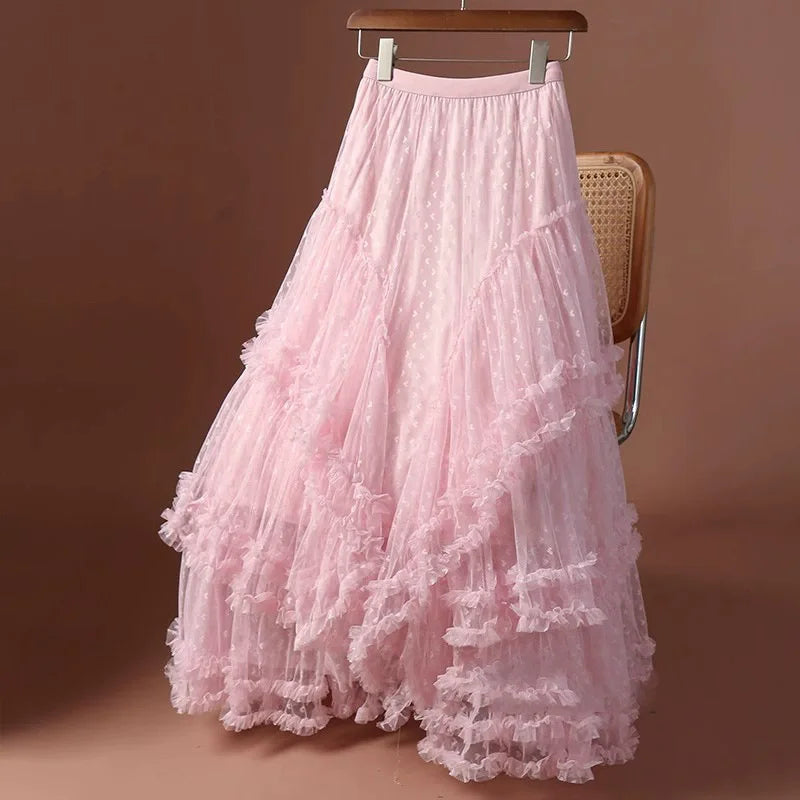 2025 Mesh Heart Printed Skirt Women Elastic High Waist Skirt Elegant Tulle A Line Ruffle Party Skirt Long Summer Saia Feminina