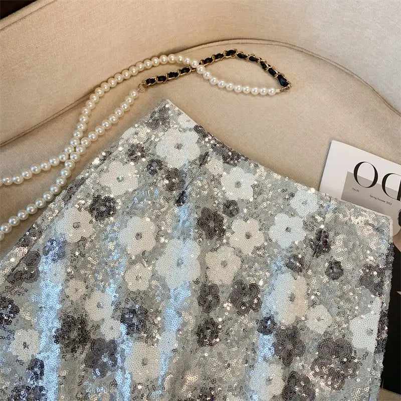 Skirt Western-style high-end waist slim anti-exposure summer and autumn heavy industry silver sequined flower temperament skirt