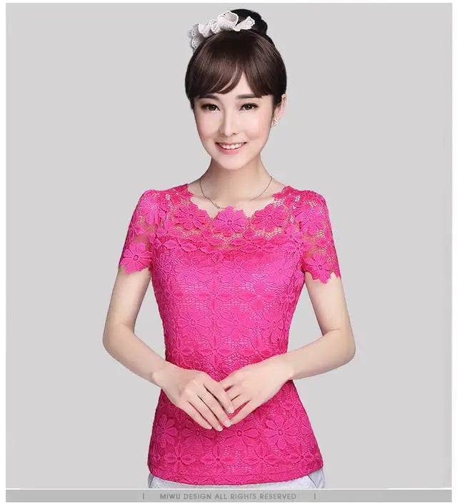 Summer Lace Women Blouse Shirt Casual Solid Hollow Clothing Top