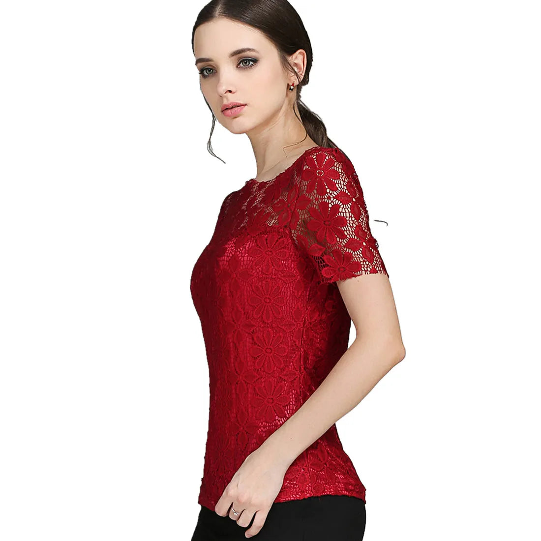 Summer Lace Women Blouse Shirt Casual Solid Hollow Clothing Top