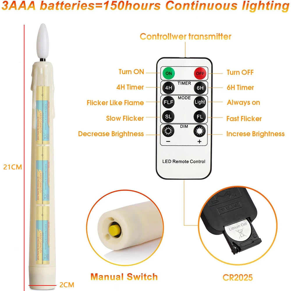 FPOO Flameless Candles Dinner Lighting Table Home Decoration Candle Light With Timer Remote Flickering Decorative Led Taper Lamp