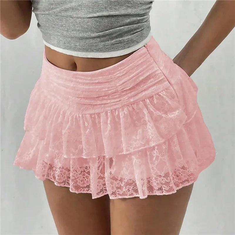 Cute Ruffle Bloomer Skirts Women's Summer Lace Floral Skirt High Rise Tiered Ruffled Flowy Short Mini A Line Skirt