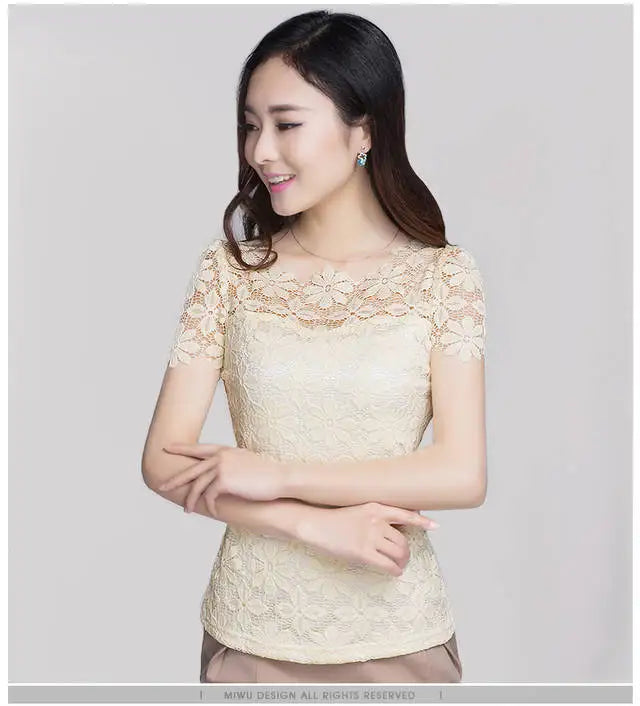 Summer Lace Women Blouse Shirt Casual Solid Hollow Clothing Top