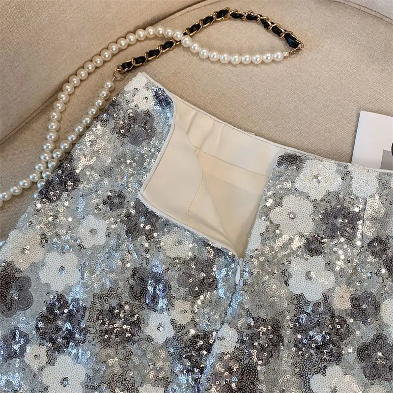 Skirt Western-style high-end waist slim anti-exposure summer and autumn heavy industry silver sequined flower temperament skirt