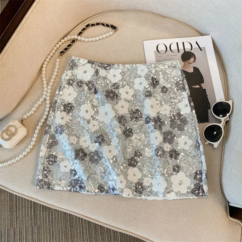 Skirt Western-style high-end waist slim anti-exposure summer and autumn heavy industry silver sequined flower temperament skirt