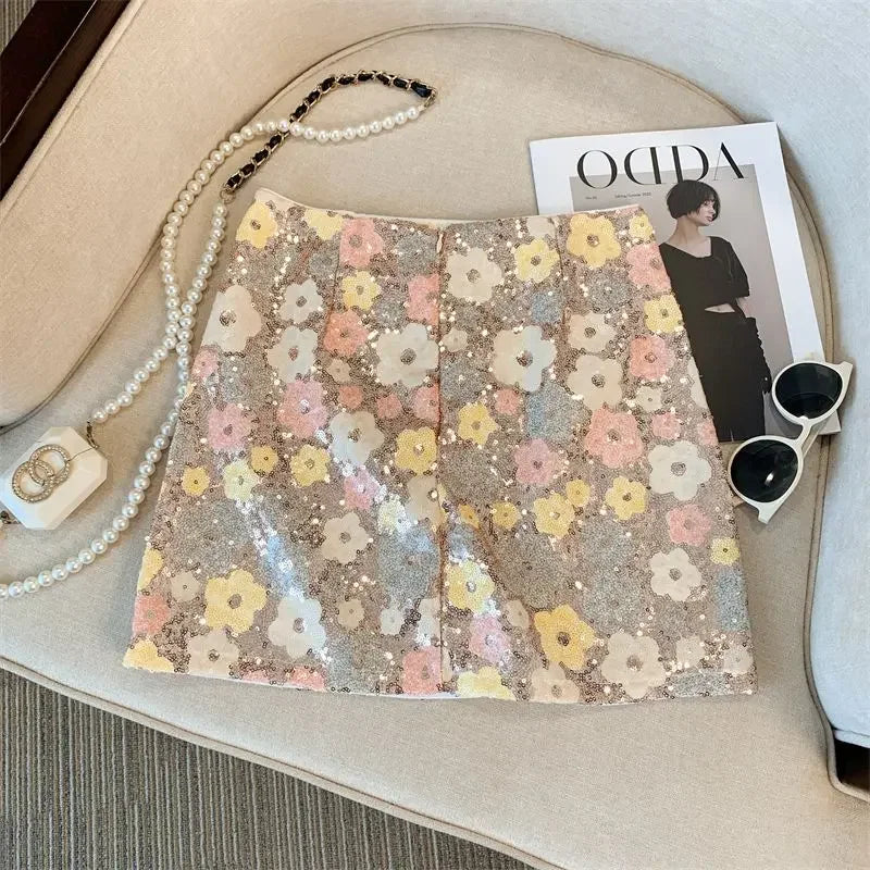 Skirt Western-style high-end waist slim anti-exposure summer and autumn heavy industry silver sequined flower temperament skirt